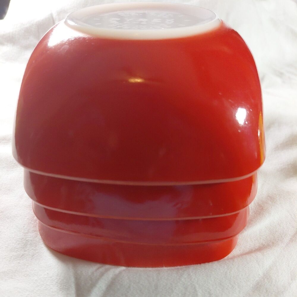 Four Pyrex 1950's Red Square Ovenware No 410-12 oz Bowl Made in USA